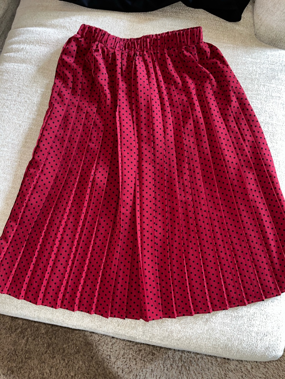 Karen Walker Red Pleated Midi Skirt with Black Polka Dots
